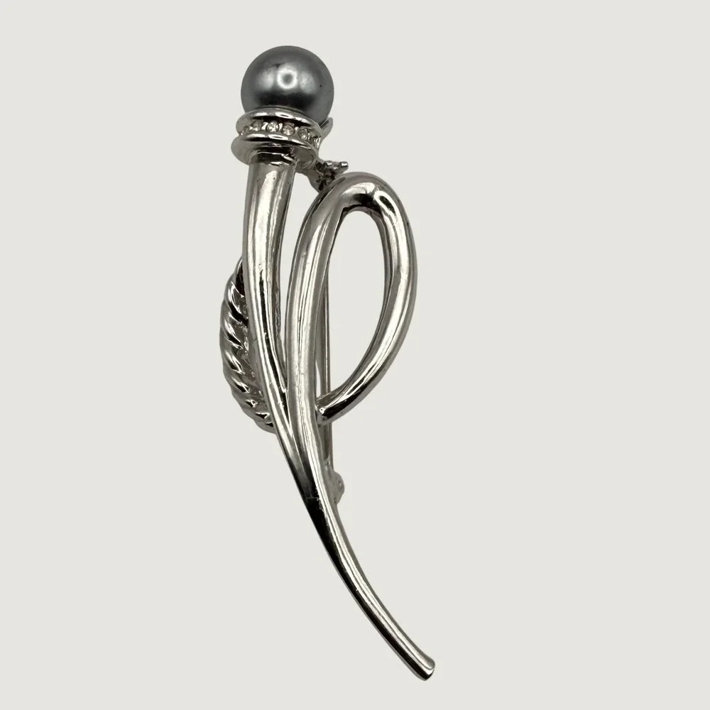 Vintage Silver Tone Abstract Brooch Grey Faux Pearl Crystal Accent Pin 3 Inch